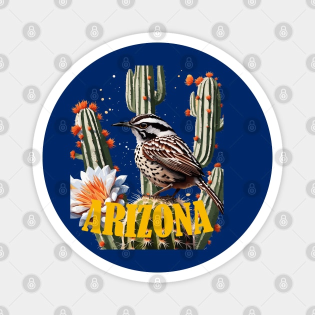 Arizona Cactus Wren Surrounded By Cactus Blossom Magnet by taiche